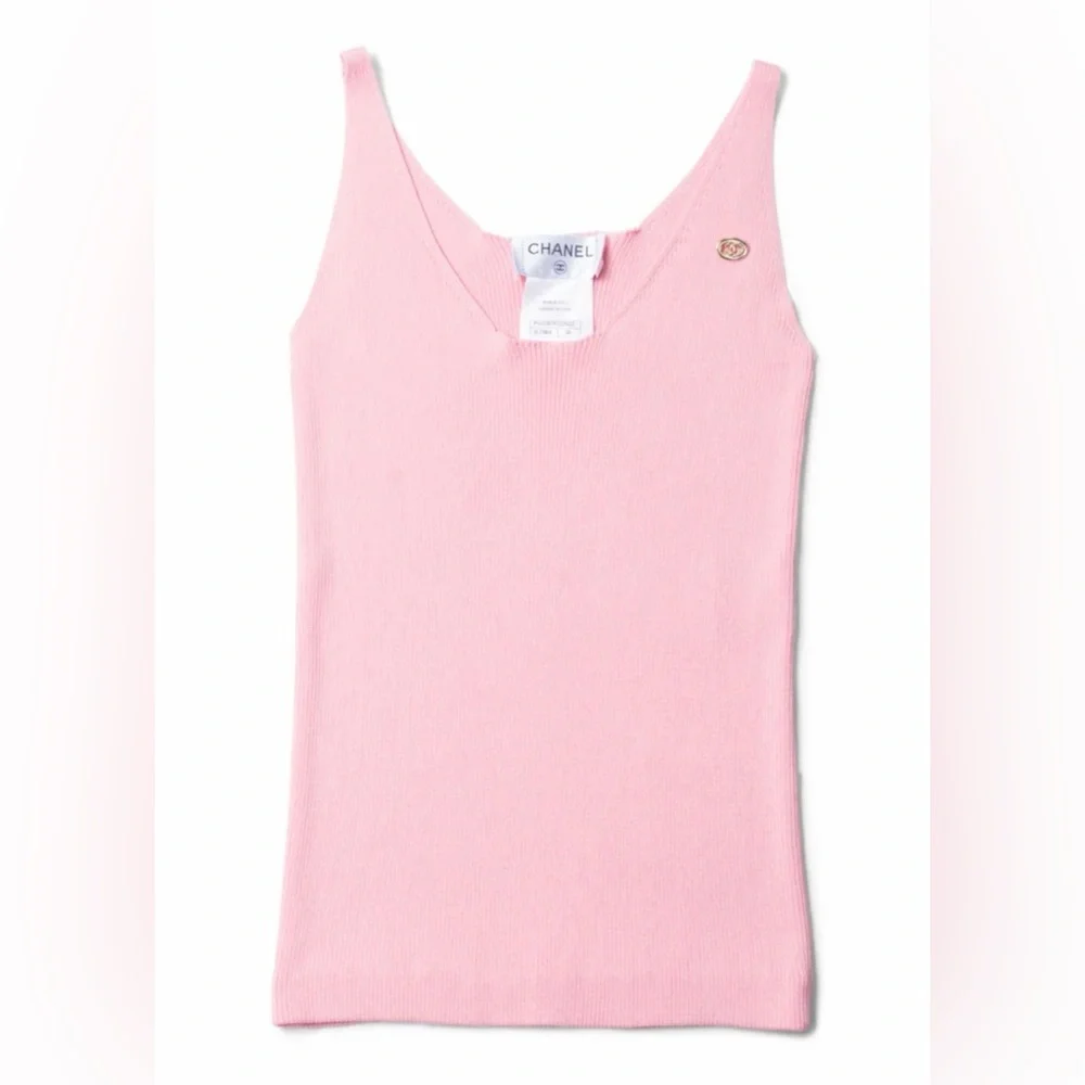 Vintage Chanel CC Logo Pink Ribbed Knit Tank Top